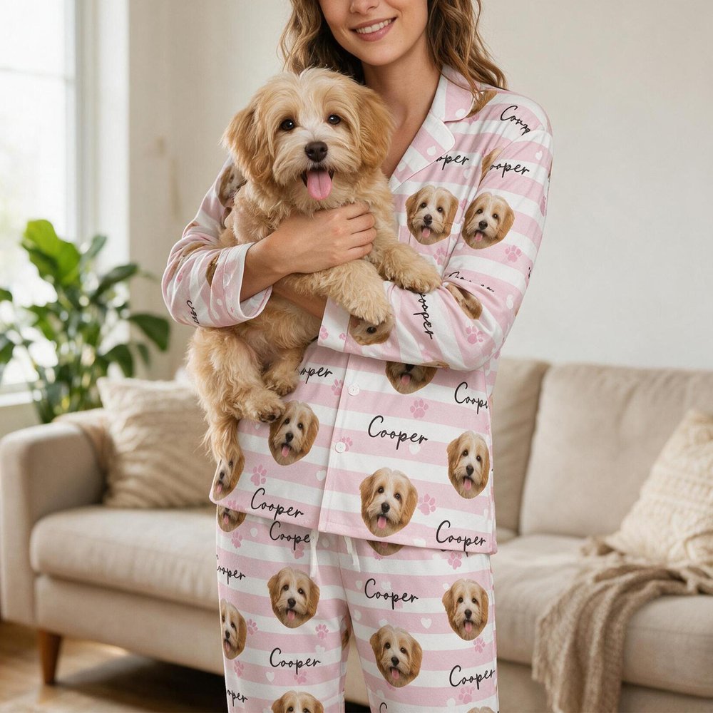 Personalised Pet Face Photo Striped Paw Heart Pattern Women Pyjama Set with Name Loungewear Daily Home Wear Birthday Gift for Pet Lovers  Best Friends 3