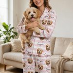 Personalised Pet Face Photo Striped Paw Heart Pattern Women Pyjama Set with Name Loungewear Daily Home Wear Birthday Gift for Pet Lovers  Best Friends 3