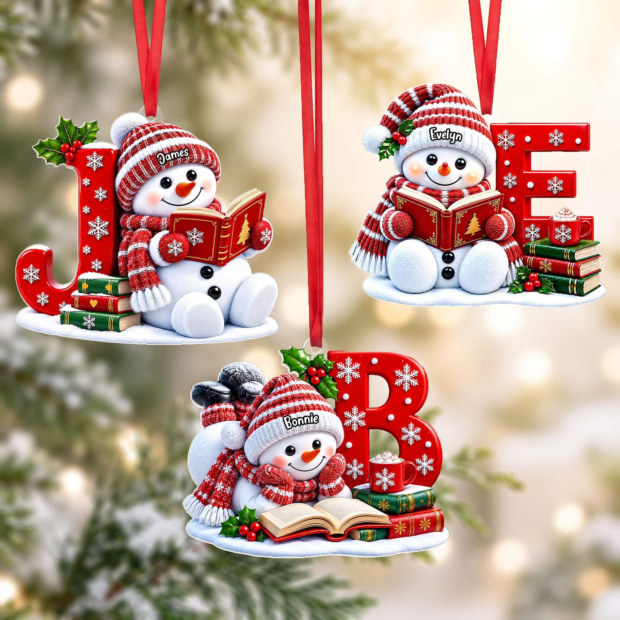 Personalised Christmas Snowman Reading Acrylic Ornament with Name and Letter Christmas Tree Home Decor Christmas Gift for Kid Family