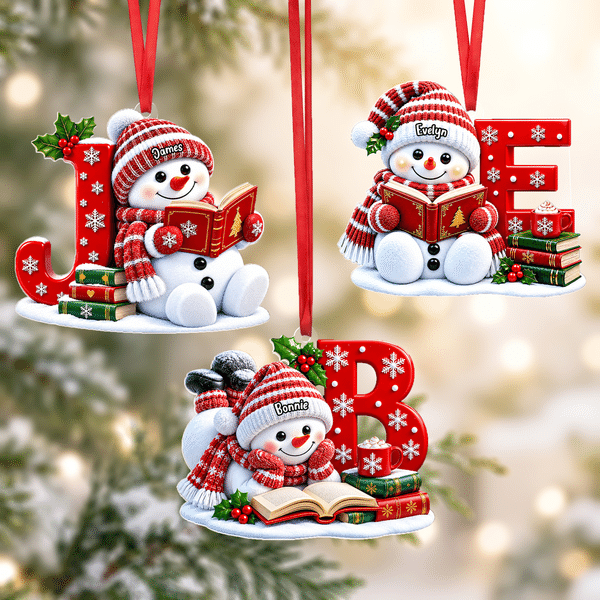 Adorno acrílico personalizado de Navidad con un muñeco de nieve leyendo, con nombre y letra; decoración para el árbol de Navidad y el hogar; regalo de Navidad para niños y la familia