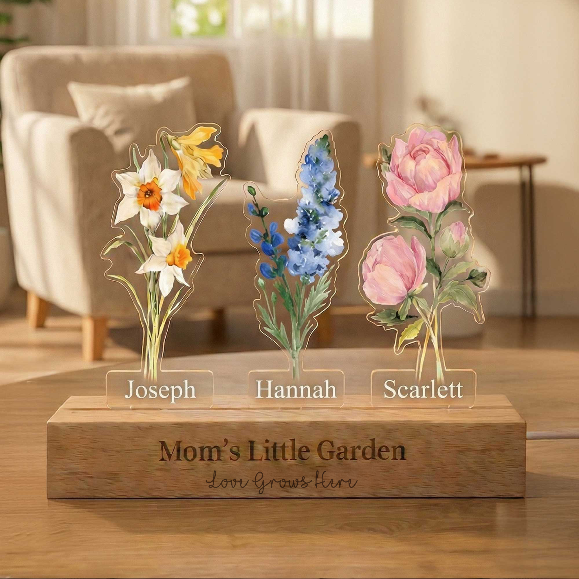 Personalized Dainty 1-8 Birth Flowers Acrylic LED Night Light with 1-8 Names and Wooden Base Christmas Birthday Gift for Mom Grandma