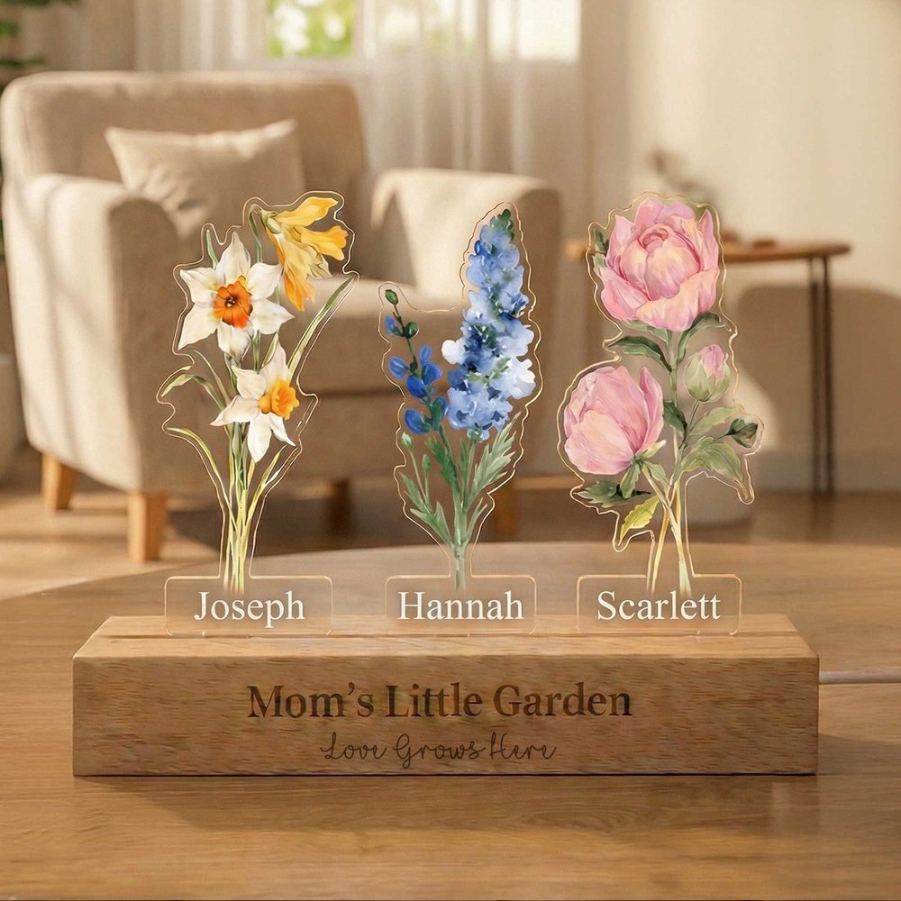 Personalised Dainty 1-8 Birth Flowers Acrylic LED Night Light with 1-8 Names and Wooden Base Christmas Birthday Gift for Mum Gran 1