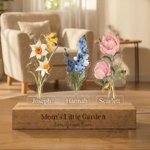 Personalised Dainty 1-8 Birth Flowers Acrylic LED Night Light with 1-8 Names and Wooden Base Christmas Birthday Gift for Mum Gran 1
