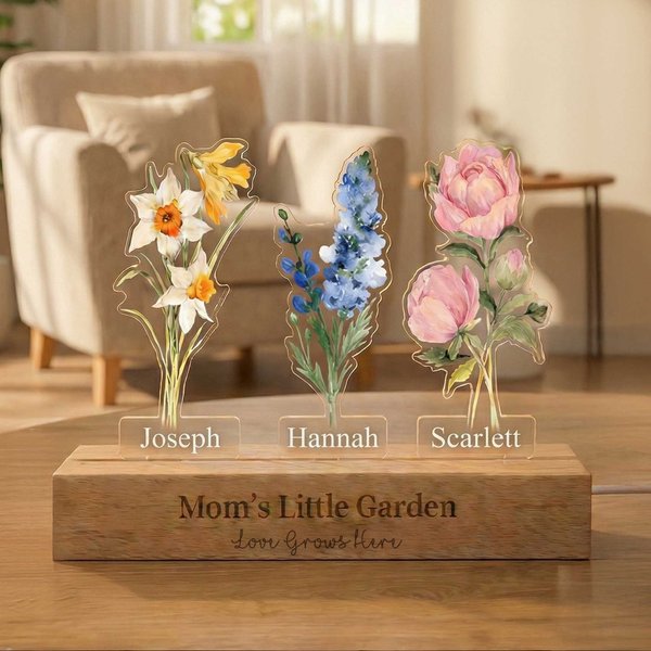 Personalised Dainty 1-8 Birth Flowers Acrylic LED Night Light with 1-8 Names and Wooden Base Christmas Birthday Gift for Mum Gran