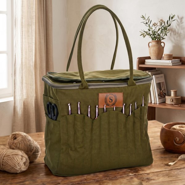 Borsa tote in tela personalizzata, con nome e multitasca porta gomitoli - Regalo di compleanno per amanti del lavoro a maglia