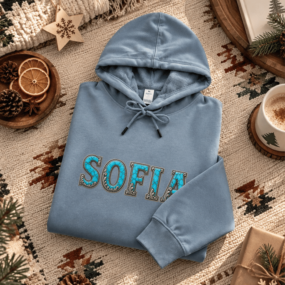 Personalised Turquoise Silver Scrollwork Style Soft Sweatshirt Hoodie with Name Daily Wear Birthday Gift for Women Men 2