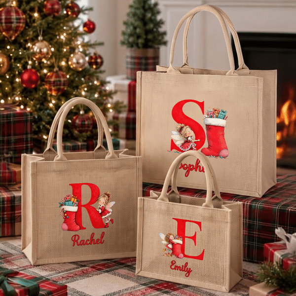 Personalized Cute Christmas Fairy Initial Large Capacity Jute Tote Bag with Name Christmas Gift for Kids Girls