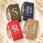 Personalised Birth Flower PU Leather Wallet with Name and Wrist Strap Daily Use Birthday Anniversary Gift for Mother Woman Girlfriend Bridal