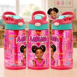 Personalized Comic Style Photo Word Cloud 16 oz Kid Water Bottle with Name Back to School Birthday Gift for Boys Girls