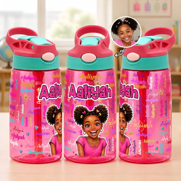 Personalized Comic Style Photo Word Cloud 16 oz Kid Water Bottle with Name Back to School Birthday Gift for Boys Girls