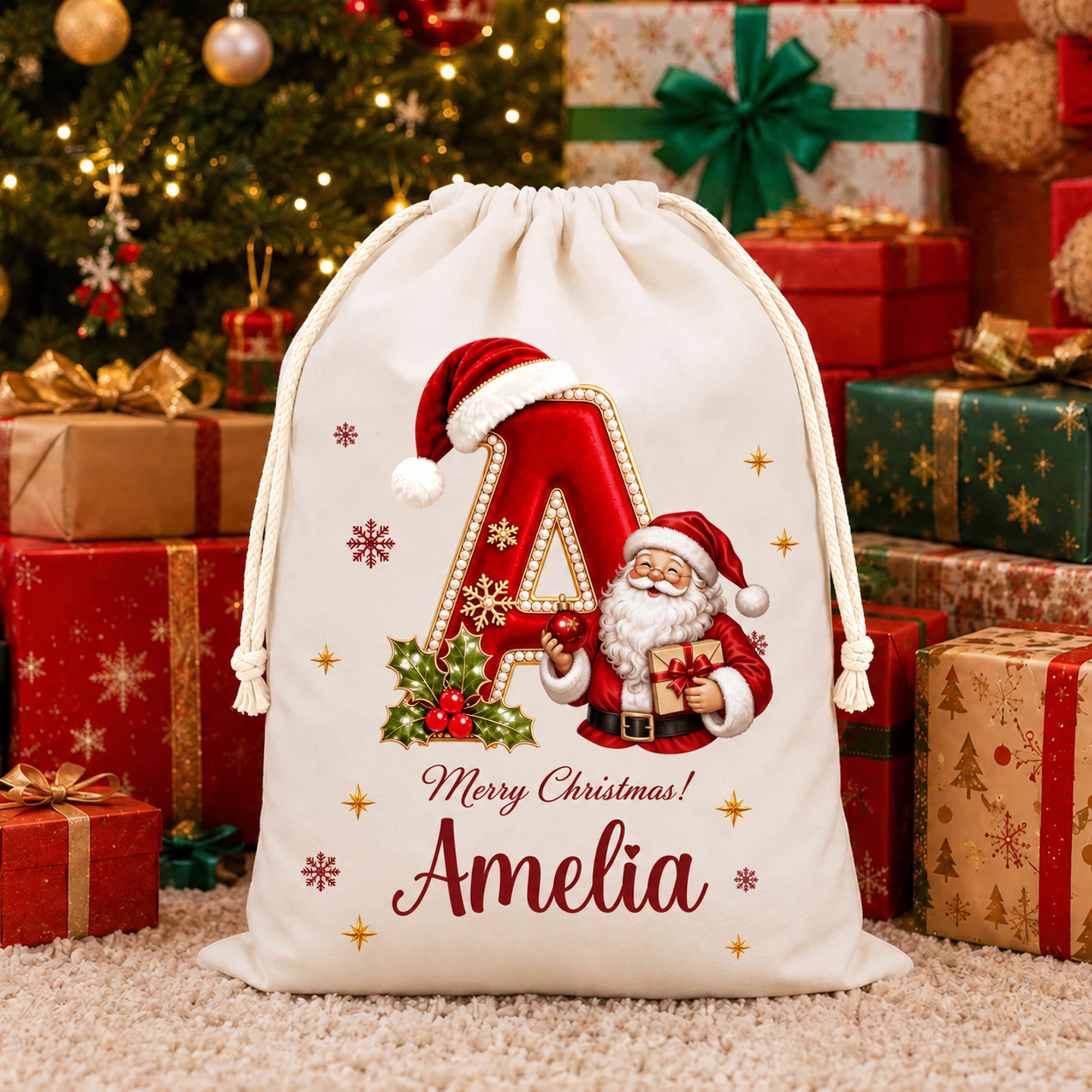 Personalisierte Weihnachtsgeschenktüte aus Leinwand mit Weihnachtsmann-Motiv, Kordelzug, Namen und Initialen – Weihnachtsgeschenk für Kinder zur Heiligabend-Party