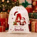 Personalised Merry Christmas Santa Claus Canvas Drawstring Gift Bag with Name and Initial Christmas Eve Party Gift for Kid