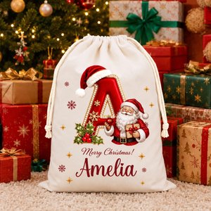 Personalised Merry Christmas Santa Claus Canvas Drawstring Gift Bag with Name and Initial Christmas Eve Party Gift for Kid