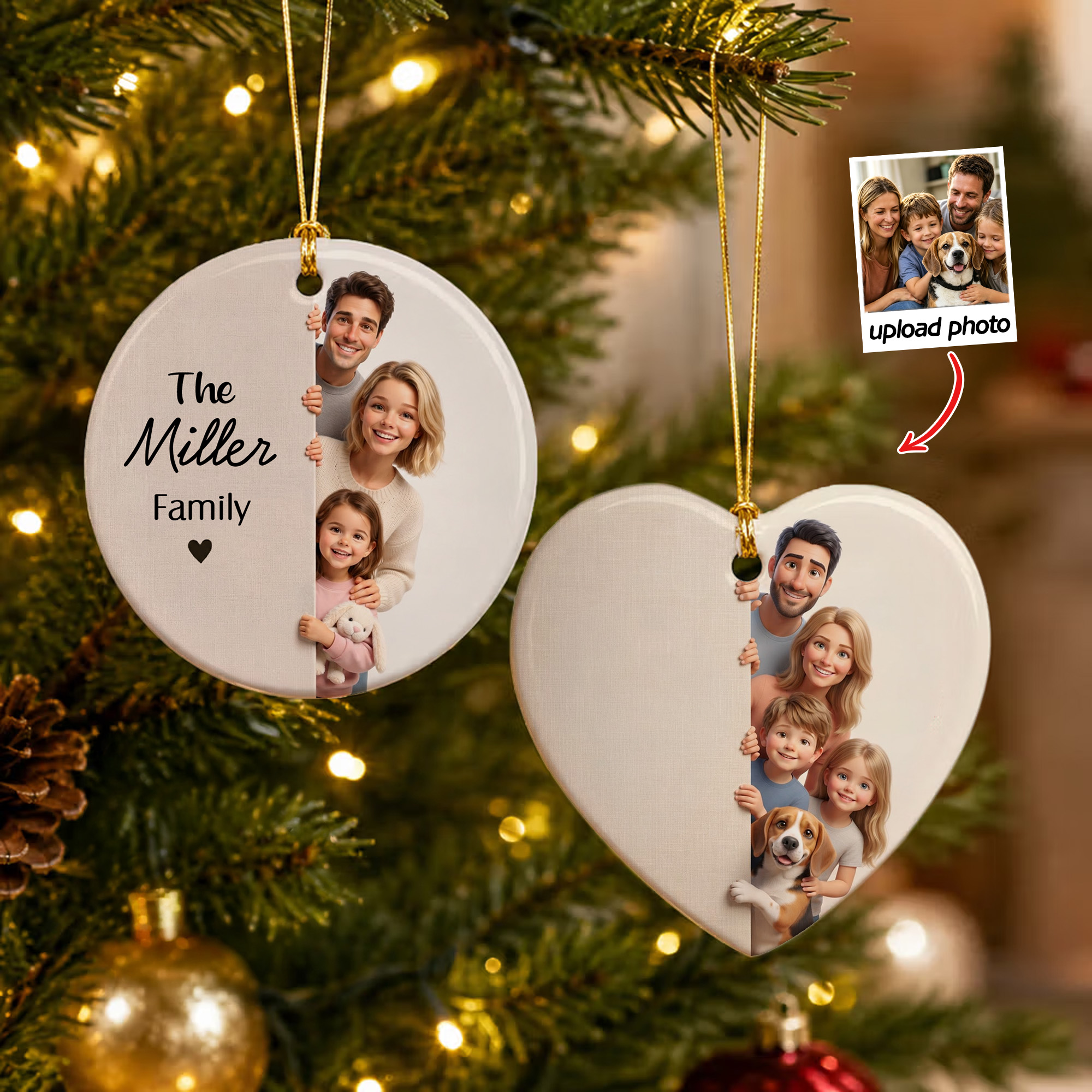 Personalized 3D-Effect Artwork Cartoon Peekaboo Photo Heart Round Ceramic Ornament with Surname Tree Decor Christmas Gift for Kid Family Friend