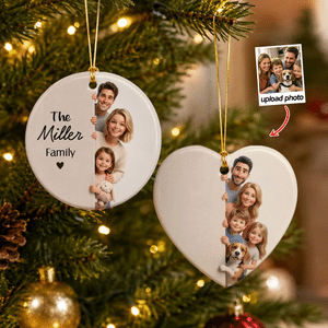 Personalised 3D-Effect Artwork Cartoon Peekaboo Photo Heart Round Ceramic Ornament with Surname Tree Decor Christmas Gift for Kid Family Friend