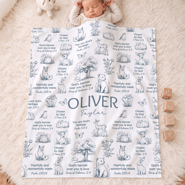Personalised Christian Blessing Quotes Forest Theme Soft Warm Throw Blanket with Name and Date Room Decor Baby Shower Baptism Gift for Kid Newborn