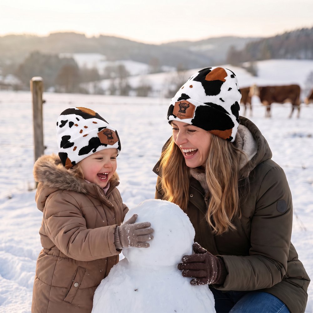 Personalisierte Kuhflecken Beanie mit Hochlandrindmotiv & Namen | Strickmütze | Winteraccessoire | Geburtstags- & Weihnachtsgeschenk für Tierliebhaber 3