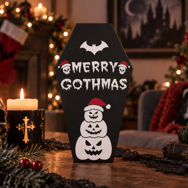 Personalized Dark Festive Gothmas Skull Snowman Wooden Coffin Tabletop Decor with Text Christmas Gift for Goth Fans