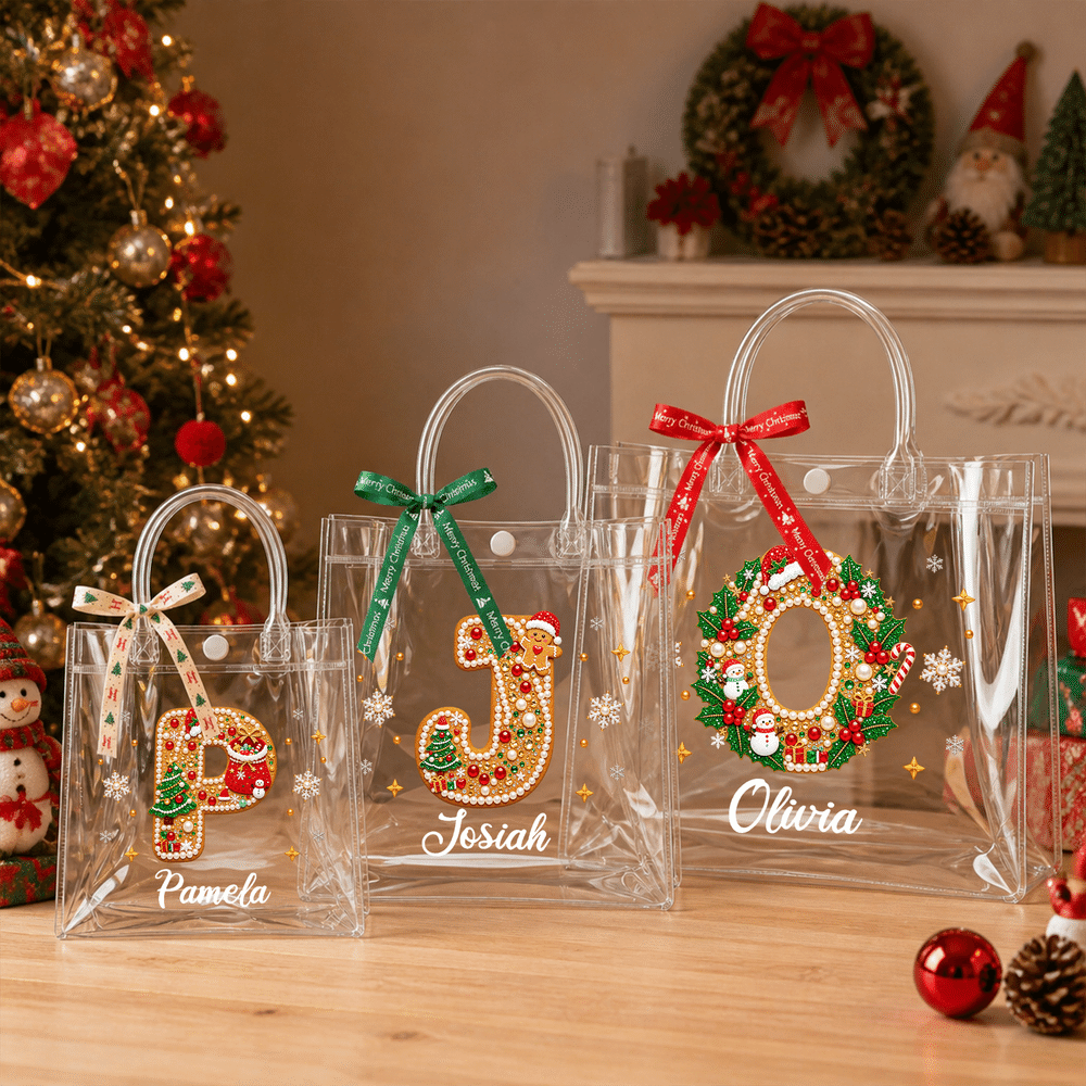 Bolsa de regalo transparente personalizada de Navidad con iniciales y diseño de abalorios, con el nombre del destinatario; regalo para fiestas navideñas y uso diario para niños 3