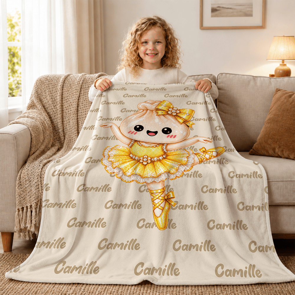 Manta suave personalizada con nube de palabras del personaje «Dumpling», la bailarina de ballet con purpurina, con nombre; decoración para el hogar; regalo de cumpleaños y Navidad para niñas y bailarinas de ballet 3