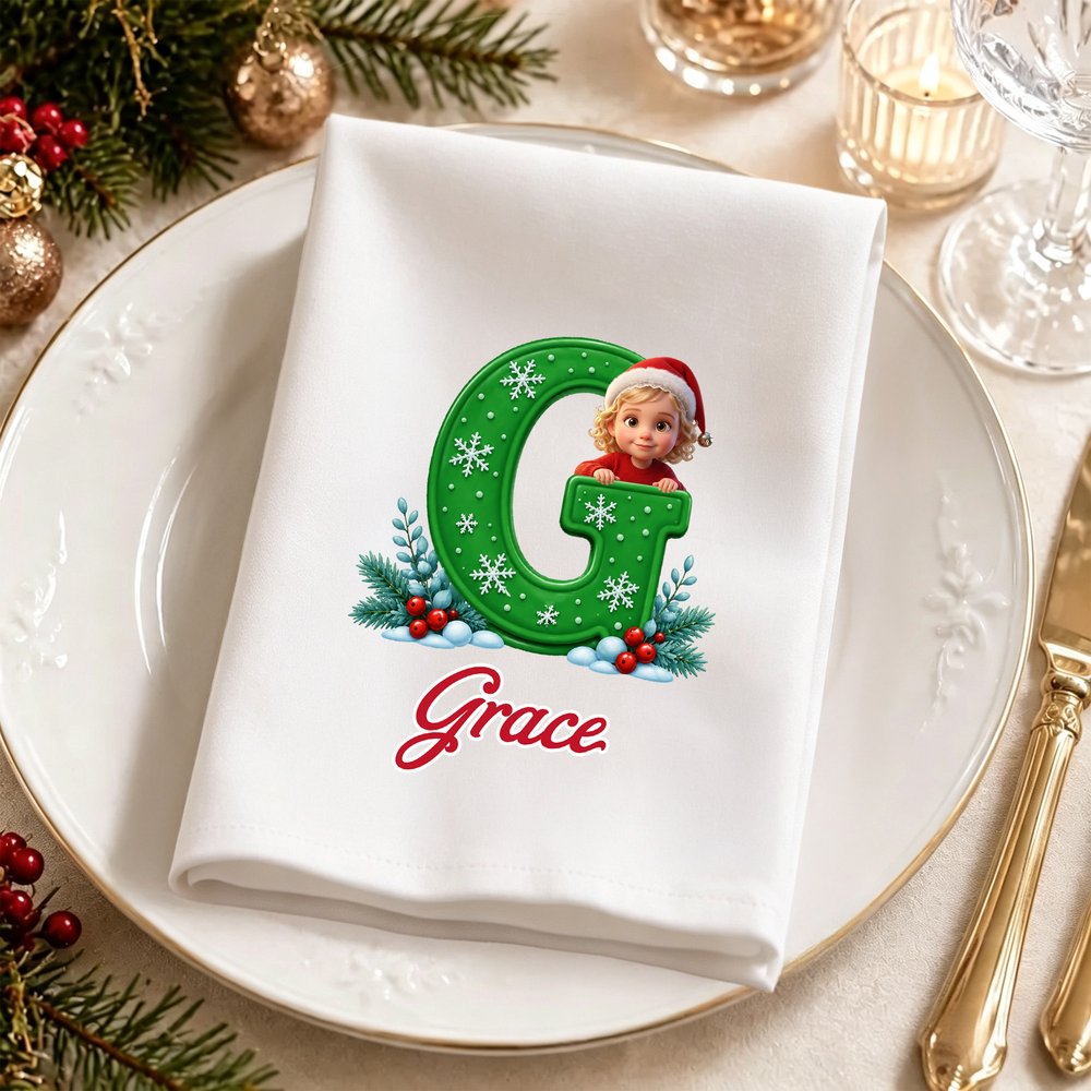 Servilleta personalizada con dibujo de un personaje con gorro navideño de dibujos animados, 100 % algodón, con iniciales y nombre; regalo de decoración navideña para el hogar, ideal para la familia y los niños 3