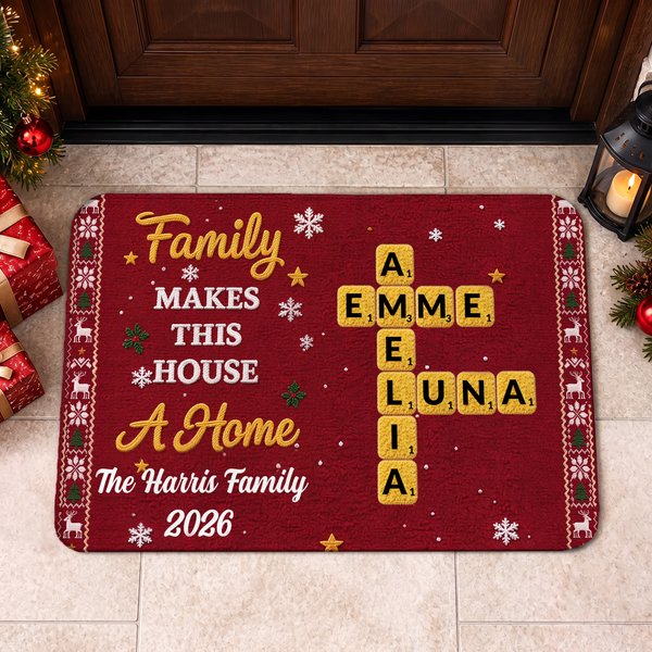 Personalized 3D-Effect Artwork Christmas Theme Crossword Anti-Slip Door Mat with Family Surname and Names Home Decor Christmas Gift for Family Friends
