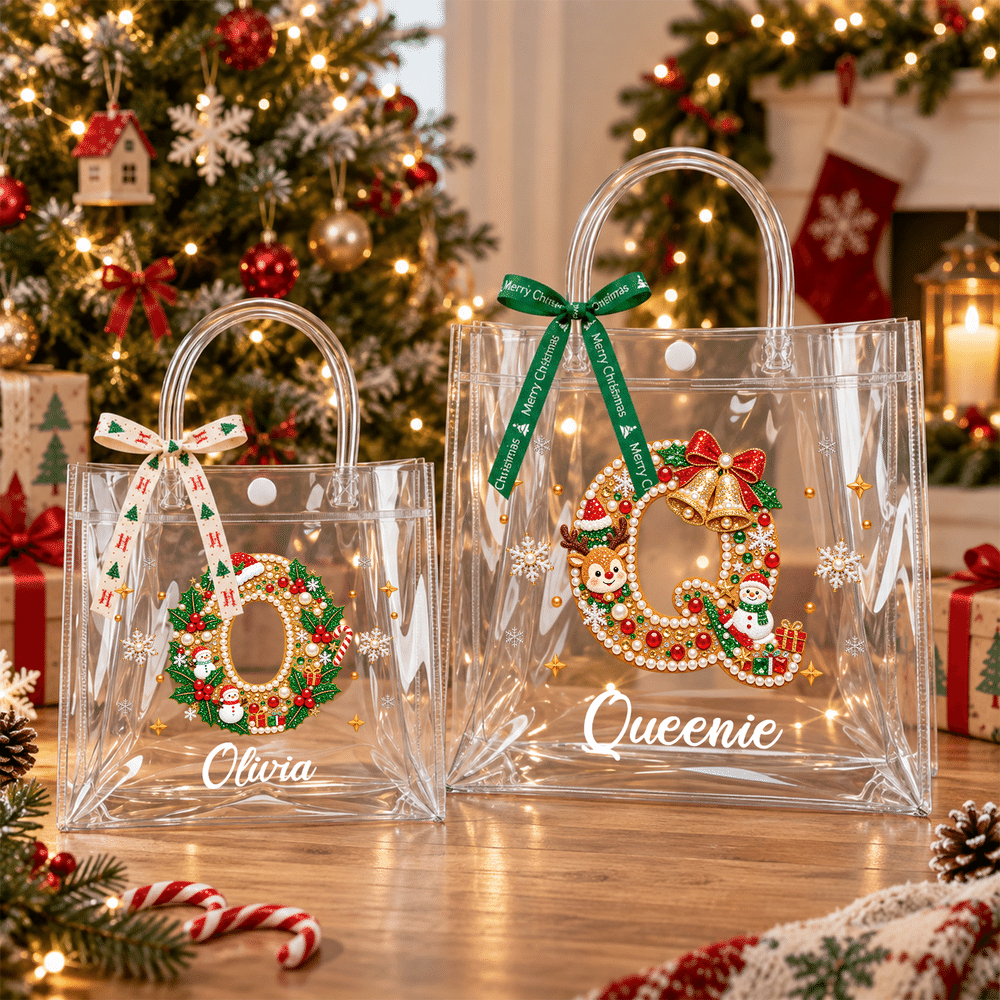 Bolsa de regalo transparente personalizada de Navidad con iniciales y diseño de abalorios, con el nombre del destinatario; regalo para fiestas navideñas y uso diario para niños 4