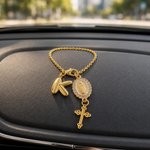 Personalized Zircon Virgin Mary and Cross Rosary Charm with Bubble Initial Car Decor Prayer Safety Birthday Gift for Drivers Christians