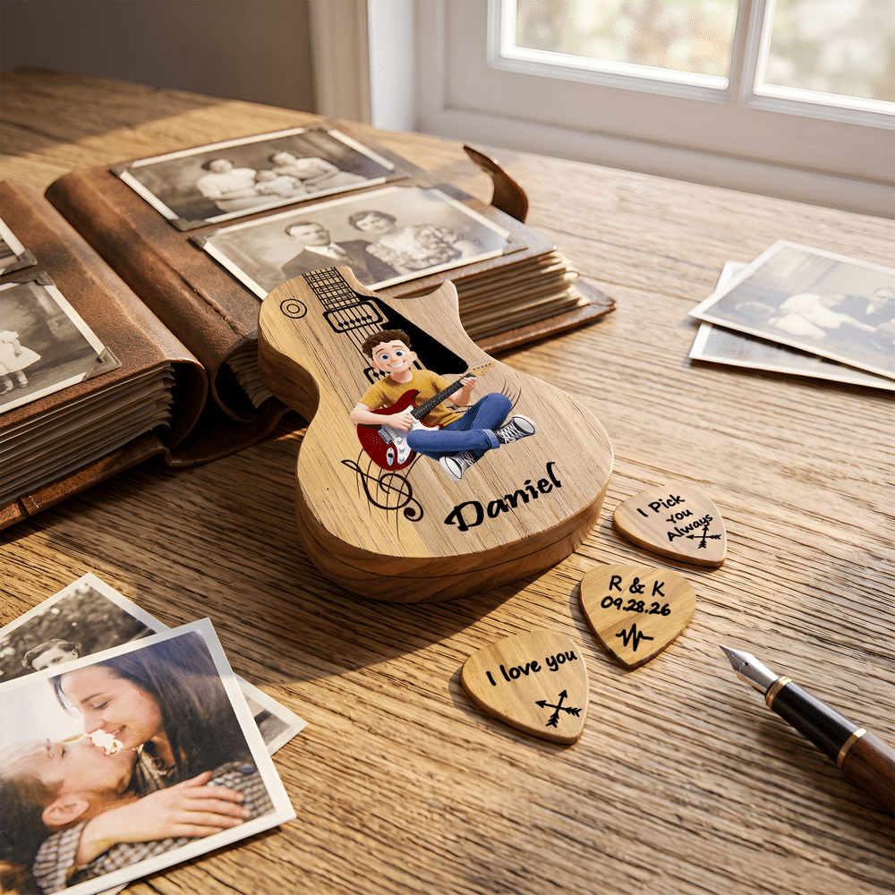 Étui porte-médiators en bois personnalisé avec personnage de dessin animé et effet 3D, comportant un texte avec le prénom et 3 médiators – Cadeau d'anniversaire pour les guitaristes et leurs parents 5