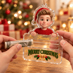 Personalisiertes 3D-Effekt-Kunstwerk: Cartoon-Weihnachtsfigur mit auf der Hand ruhender Figur – Foto-Acryl-Anhänger mit Namen – Weihnachtsgeschenk für Familie und Freunde