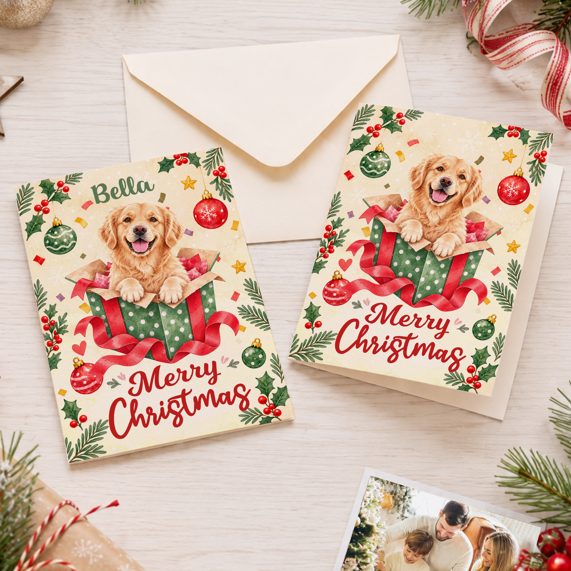 Individuell gestaltete Weihnachtsgrußkarte mit Haustierfoto im Stechpalmen-Design, mit Namen und Text – Weihnachtsgeschenk für Tierfreunde, Freunde und Familie