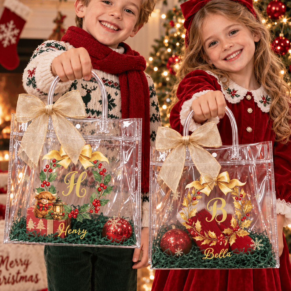 Personalised Highland Cow Christmas Wreath Transparent Gift Bag with Name Initial and Bow Christmas Gift for Family Children Highland Cow Lovers 3
