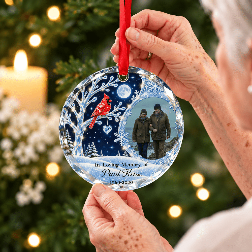 Personalized Winter Night Cardinal Snowflake Glass Acrylic Ornament with Name and Year Christmas Memorial Gift for Family 5
