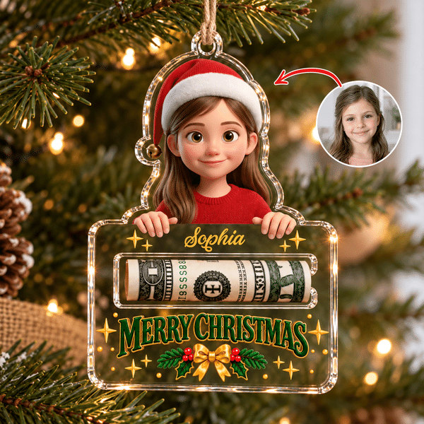 Personalisiertes 3D-Effekt-Kunstwerk: Cartoon-Weihnachtsfigur mit auf der Hand ruhender Figur – Foto-Acryl-Anhänger mit Namen – Weihnachtsgeschenk für Familie und Freunde