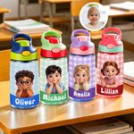 Personalised Cartoon Character Photo Water Bottle with Name and Silicone Straw Outdoor Activities Birthday Back to School Gift for Students Kids