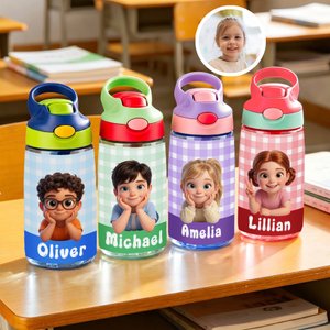 Botella de agua personalizada con nombre foto y personaje animado pajita de silicona regalo de cumpleaños y vuelta al cole para niños y estudiantes