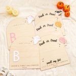 Personalised Footprint or Handprint Wooden Art Sign with Text Bat Ghost Pumpkin Kid DIY Craft First Halloween Gift for Baby New Parents 2