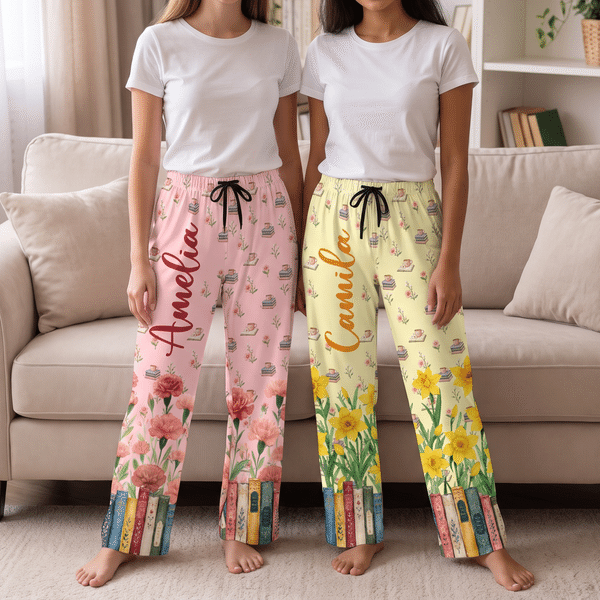 Personalised Birth Flower Book Lover Soft Pyjama Bottoms with Name Daily Wear Birthday Christmas Gift for Bookworms Women Girls