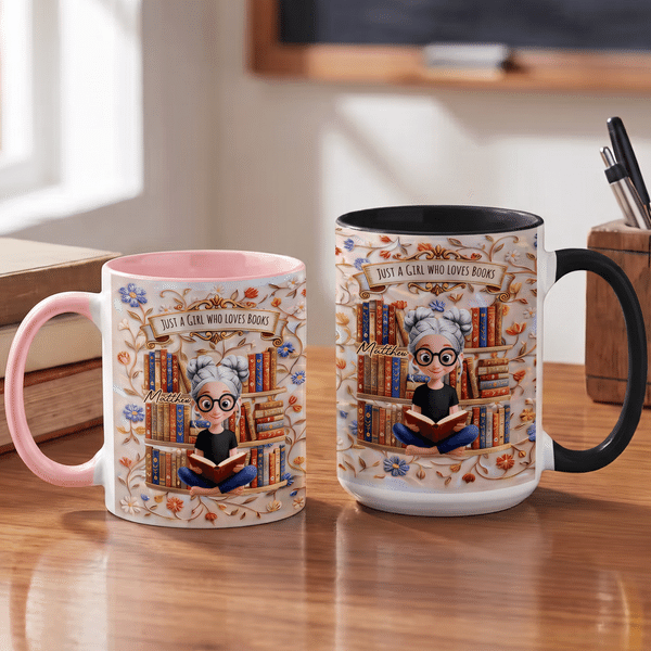 Personalized Cartoon Reader 11 oz 15 oz Ceramic Mug with Name and Coaster  Birthday Christmas Gift for Teachers Bookworms