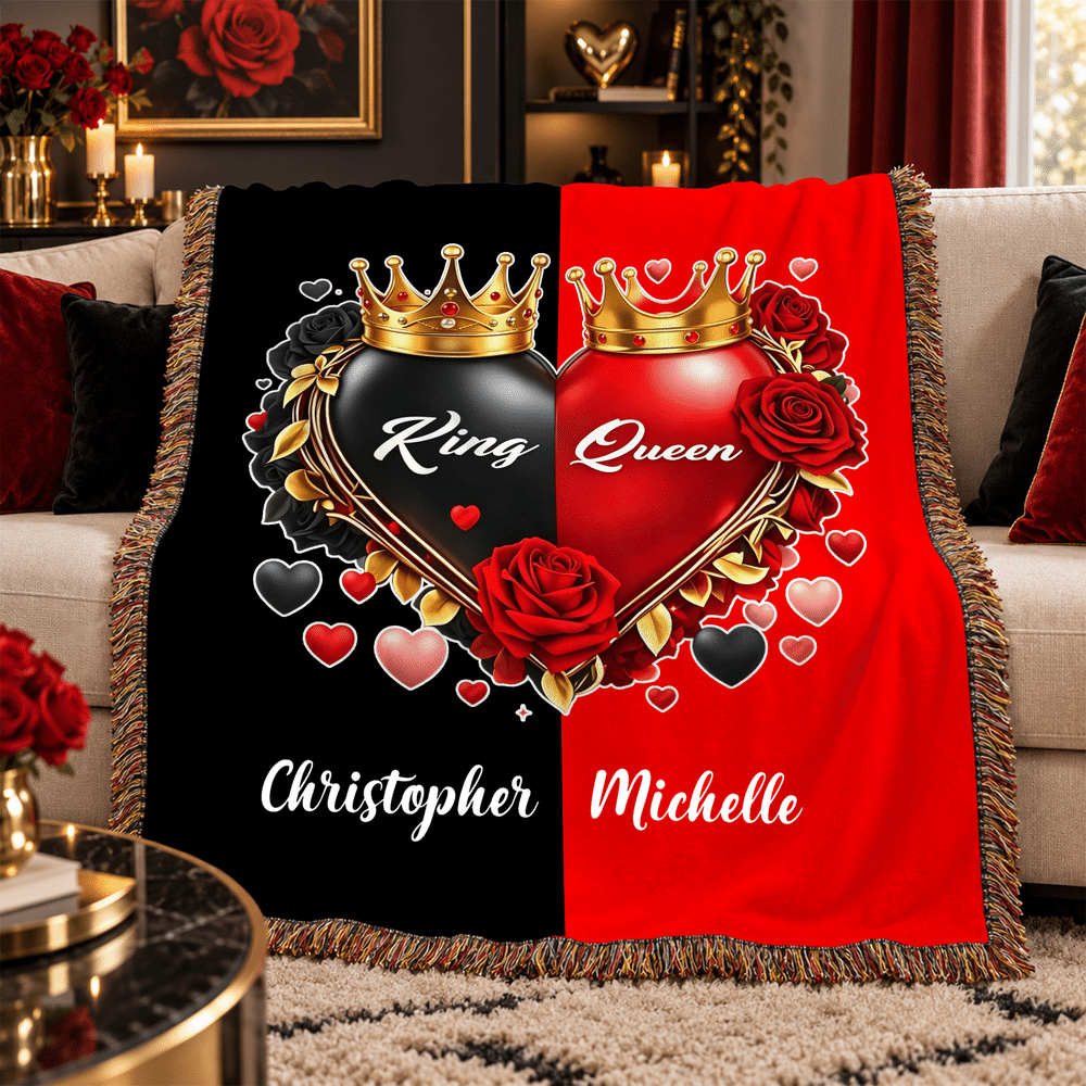 Manta suave personalizada con motivo romántico: rey, reina, corona y borla de rosa, con nombre; decoración para el hogar; regalo de Navidad, fiestas y días festivos para parejas, marido y mujer 3