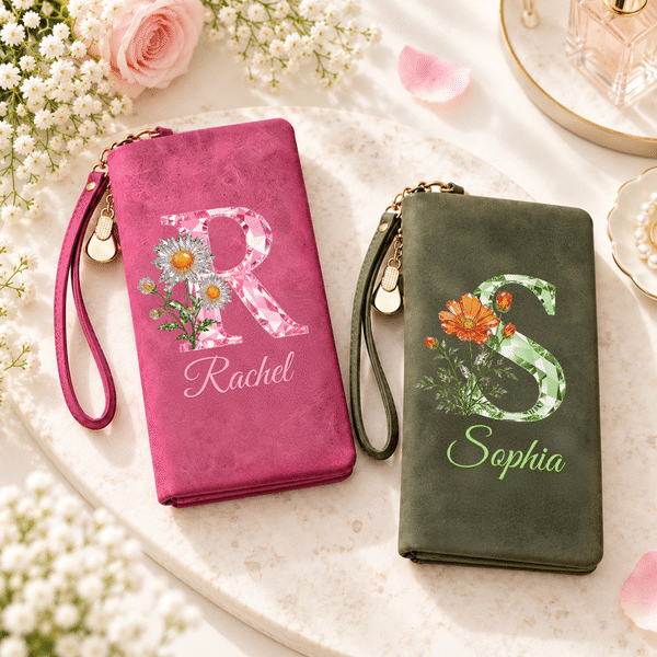 Personalised Birth Flower PU Leather Wallet with Name and Wrist Strap Daily Use Birthday Anniversary Gift for Mother Woman Girlfriend Bridal