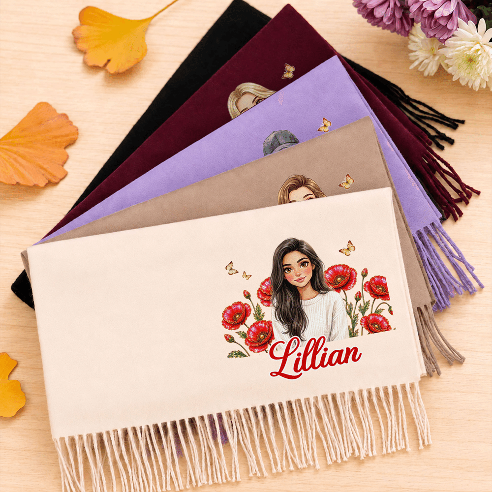 Personalised Watercolor Comic Style Photo Birth Flower Tassel Scarf Shawl with Name Winter Accessory Birthday Christmas Gift for Woman Friend 2