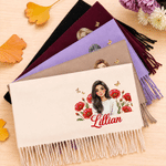 Personalised Watercolor Comic Style Photo Birth Flower Tassel Scarf Shawl with Name Winter Accessory Birthday Christmas Gift for Woman Friend 2