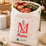 Personalized Cute Christmas Fairy Initial Canvas Drawstring Gift Bag with Name Christmas Party Gift for Kids Girls