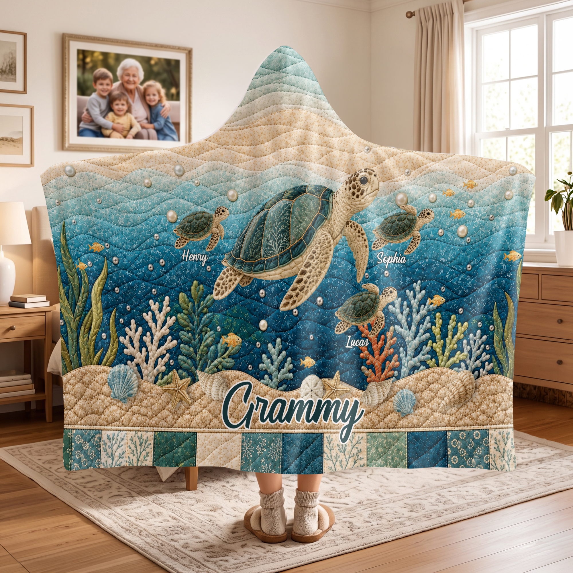 Personalised Mum Sea Turtle and 1-10 Baby Sea Turtles Soft Quilted-Look Hooded Blanket with Title and Name Birthday Gift for Family Mum Gran