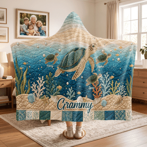 Personalised Mum Sea Turtle and 1-10 Baby Sea Turtles Soft Quilted-Look Hooded Blanket with Title and Name Birthday Gift for Family Mum Gran