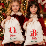 Personalized Cute Christmas Fairy Initial Canvas Drawstring Gift Bag with Name Christmas Party Gift for Kids Girls
