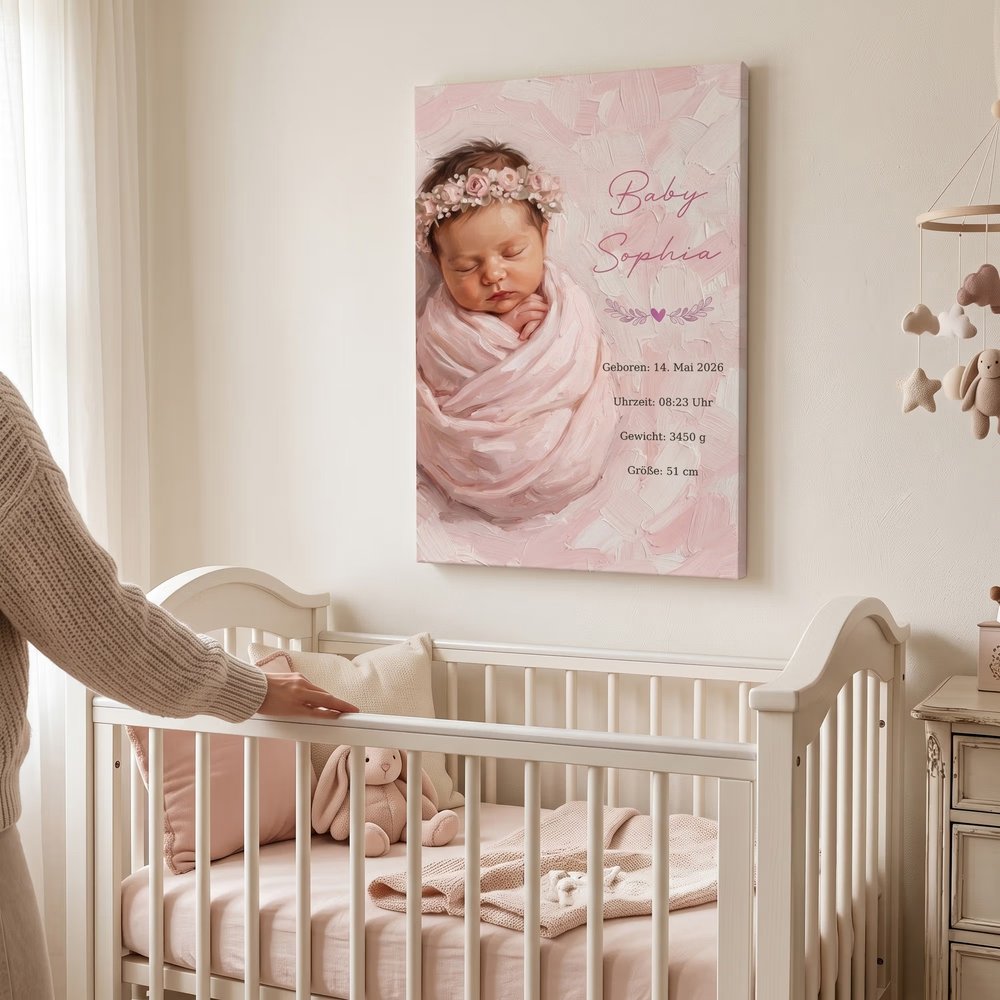 Personalisierter Baby-Ölporträtfoto Leinwand mit Geburtsdaten & Namen | Kunstdruck | Wanddeko | Geburts- & Taufgeschenk für frischgebackene Eltern 6