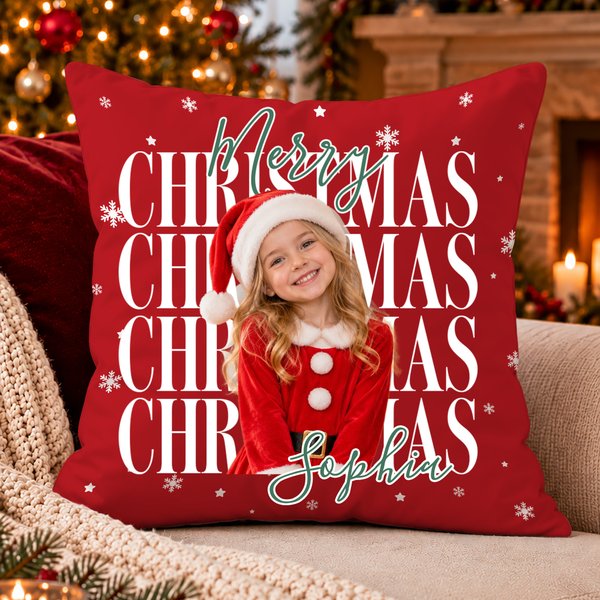Personalised Cute Christmas Snow Star Element Pillow with Photo and Name Soft Home Decor Christmas Gift for Family Friends