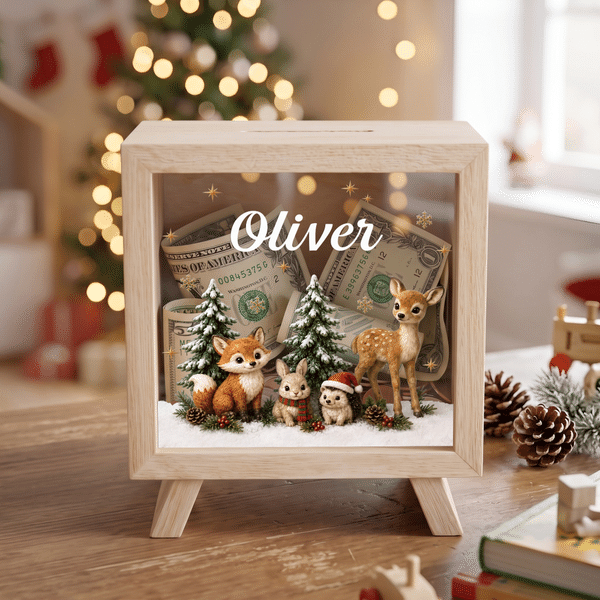 Personalized 3D-Effect Artwork Nordic Woodland Animals Wooden Money Box Piggy Bank with Name Desk Decor Christmas Gift for Kids